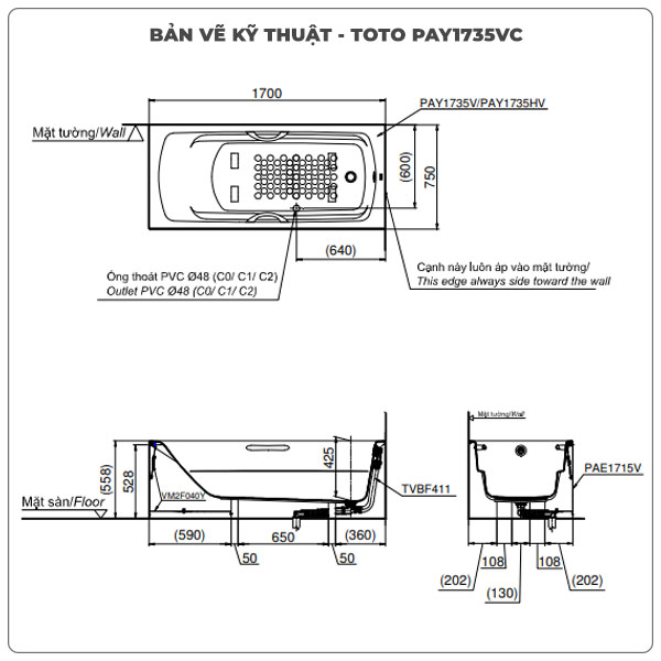 Thông số kỹ thuận bồn tắm chân yếm TOTO PAY1735VC