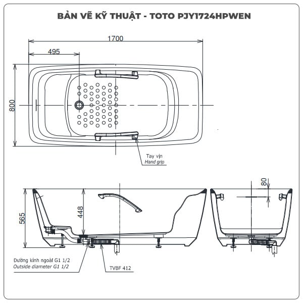 Thông số kỹ thuận bồn tắm đặt sàn TOTO PJY1724HPWEN