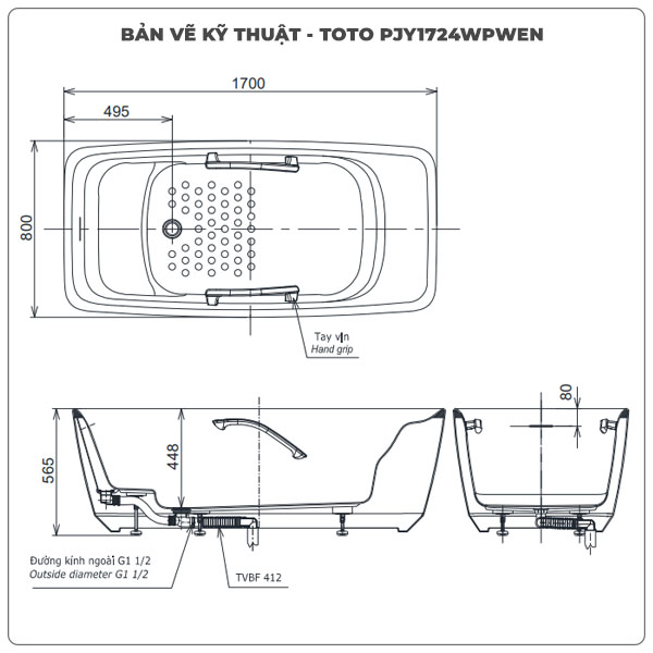 Thông số kỹ thuận bồn tắm đặt sàn TOTO PJY1724WPWEN