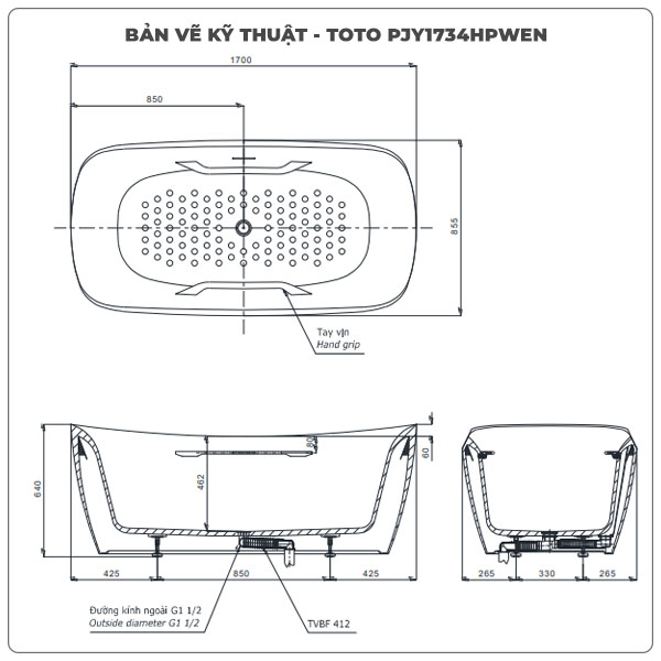 Thông số kỹ thuận bồn tắm đặt sàn TOTO PJY1734HPWEN