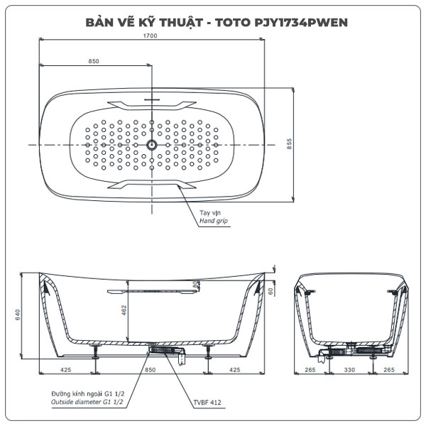 Thông số kỹ thuận bồn tắm đặt sàn TOTO PJY1734PWEN