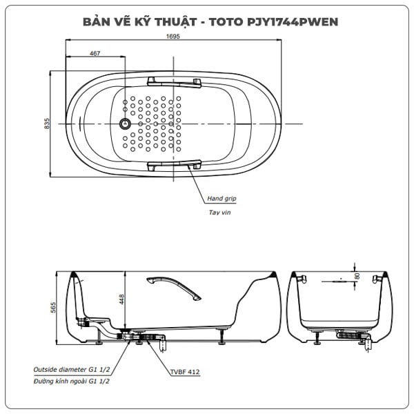 Thông số kỹ thuận bồn tắm đặt sàn TOTO PJY1744PWEN