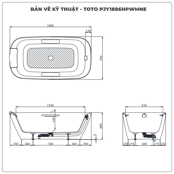Thông số kỹ thuận bồn tắm đặt sàn TOTO PJY1886HPWMNE