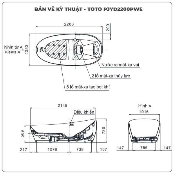 Thông số kỹ thuận bồn tắm đặt sàn TOTO PJYD2200PWE