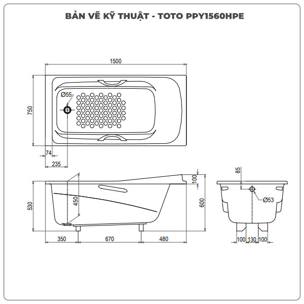Thông số kỹ thuận bồn tắm xây TOTO PPY1560HPE