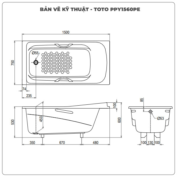 Thông số kỹ thuận bồn tắm xây TOTO PPY1560PE