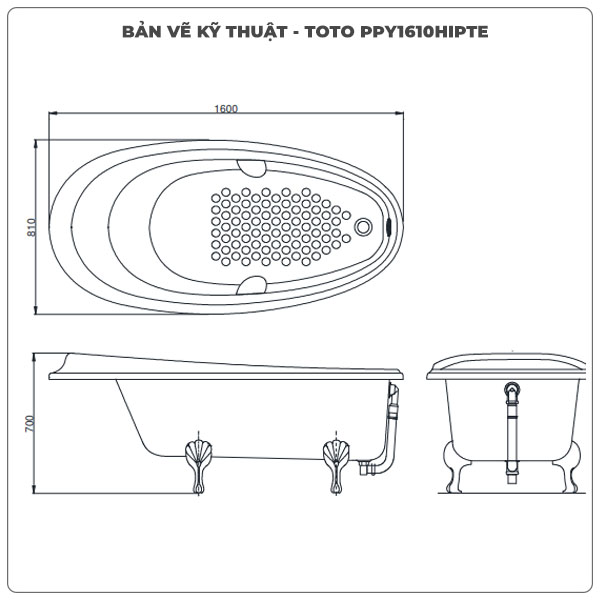Thông số kỹ thuận bồn tắm đặt sàn TOTO PPY1610HIPTE