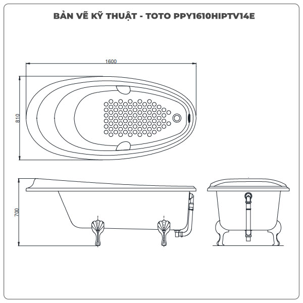 Thông số kỹ thuận bồn tắm đặt sàn TOTO PPY1610HIPTV14E