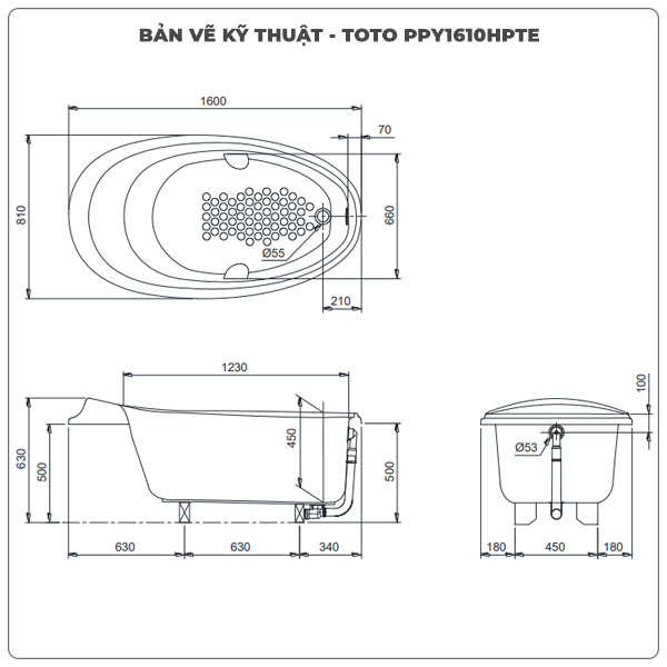 Thông số kỹ thuận bồn tắm xây TOTO PPY1610HPTE