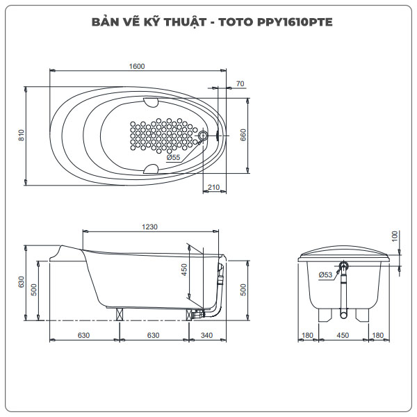 Thông số kỹ thuận bồn tắm xây TOTO PPY1610PTE