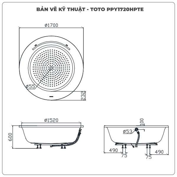 Thông số kỹ thuận bồn tắm xây TOTO PPY1720HPTE