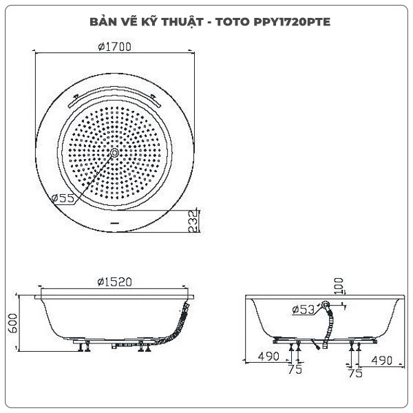 Thông số kỹ thuận bồn tắm xây TOTO PPY1720PTE