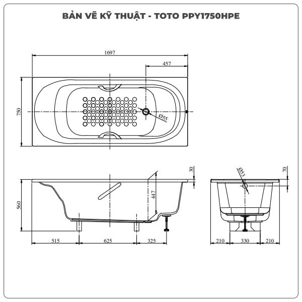 Thông số kỹ thuận bồn tắm xây TOTO PPY1750HPE