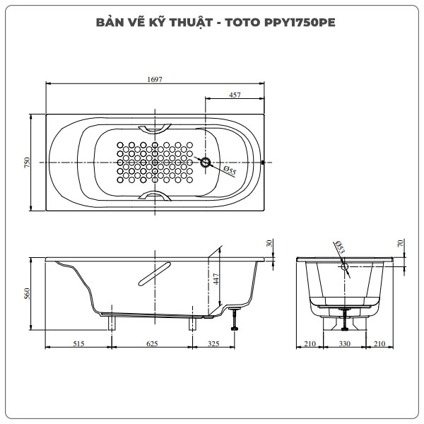 Thông số kỹ thuận bồn tắm xây TOTO PPY1750PE