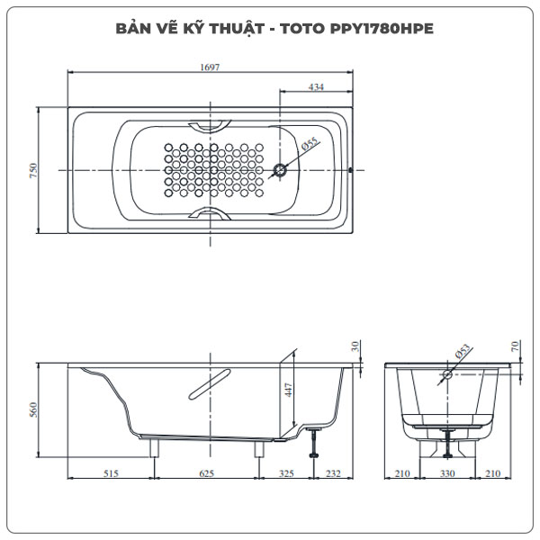 Thông số kỹ thuận bồn tắm xây TOTO PPY1780HPE