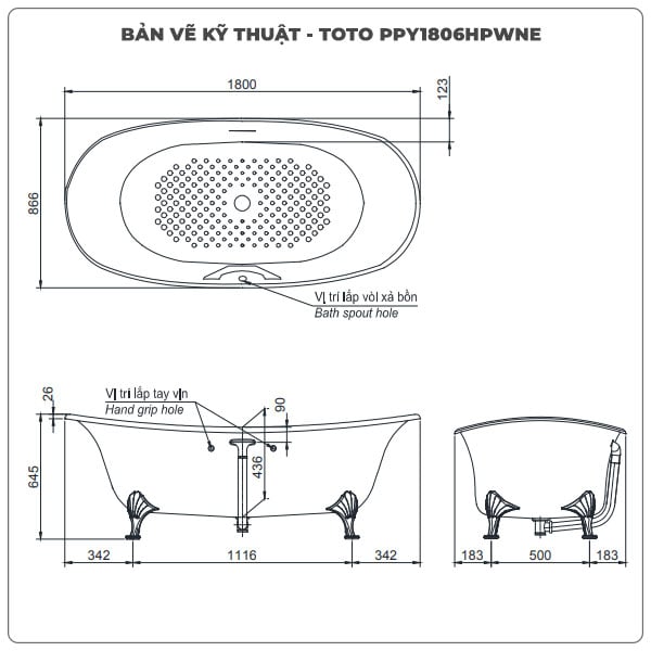 Thông số kỹ thuận bồn tắm đặt sàn TOTO PPY1806HPWNE