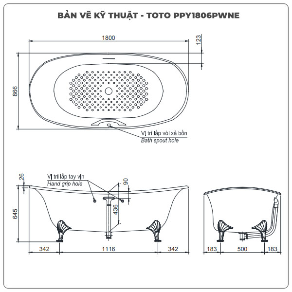 Thông số kỹ thuận bồn tắm đặt sàn TOTO PPY1806PWNE