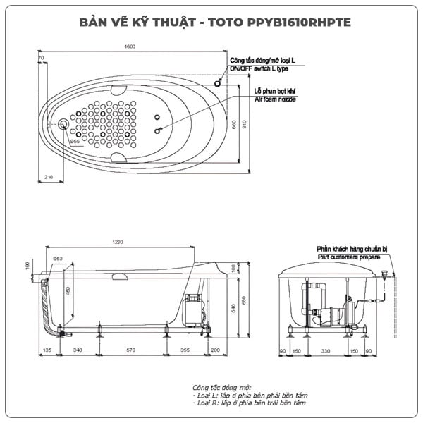 Thông số kỹ thuận bồn tắm massage TOTO PPYB1610RHPTE