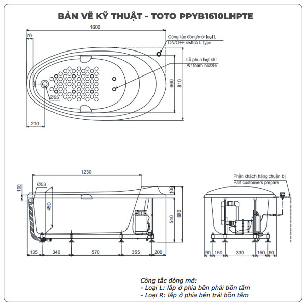 Thông số kỹ thuận bồn tắm massage TOTO PPYB1610LHPTE
