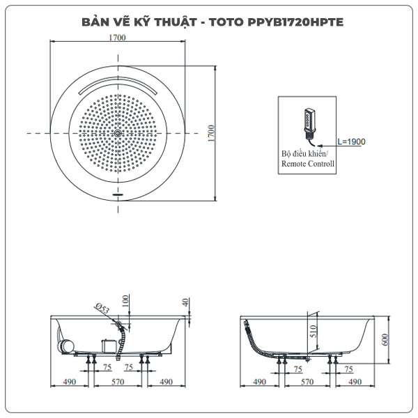 Thông số kỹ thuận bồn tắm xây TOTO PPYB1720HPTE