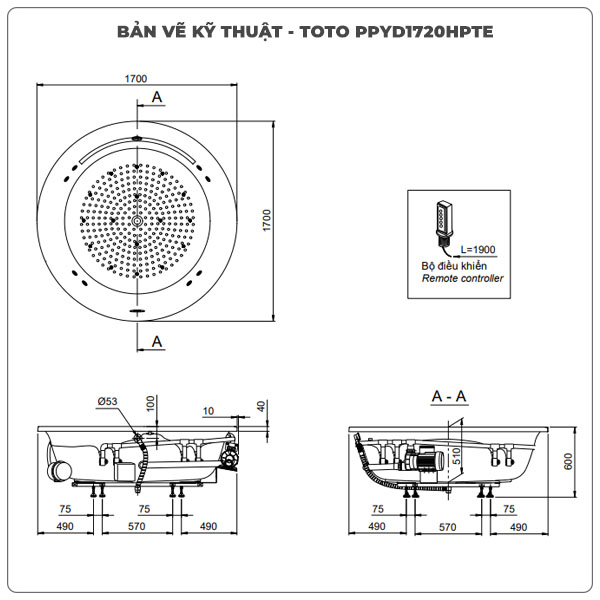 Thông số kỹ thuận bồn tắm massage TOTO PPYD1720HPTE