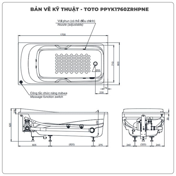 Thông số kỹ thuận bồn tắm massage TOTO PPYK1760ZRHPNE