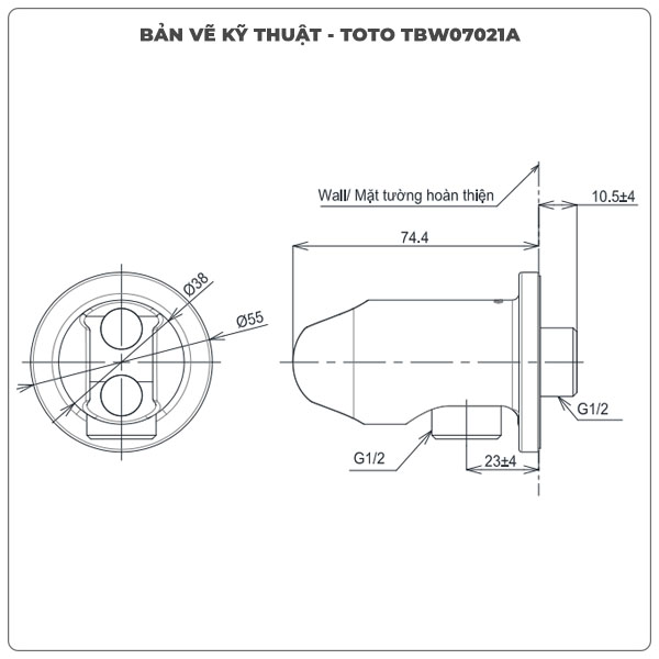 Thông số kỹ thuật cút nối tường TOTO TBW07021A