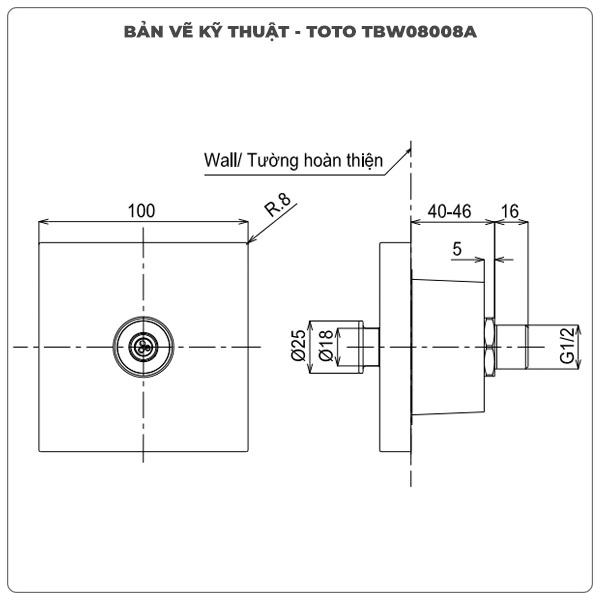 Thông số kỹ thuật đầu phun sen âm tường TOTO TBW08008A