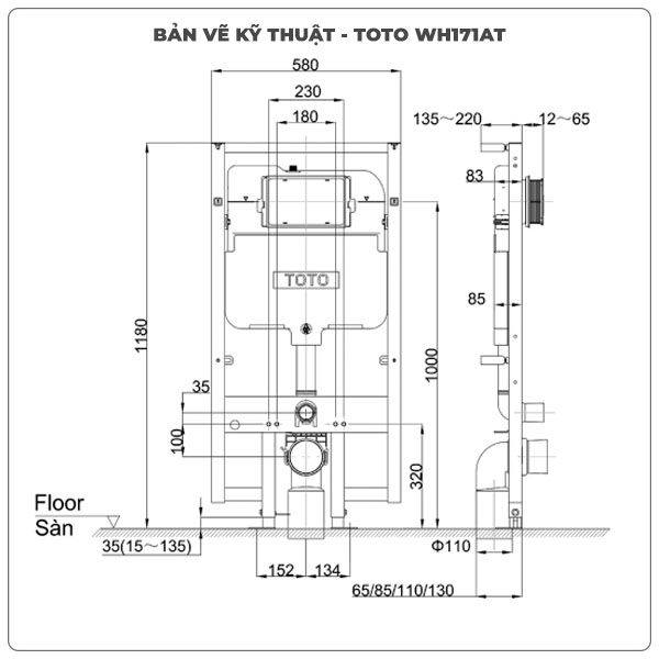 Thông số kỹ thuật két nước âm tường TOTO WH172AT