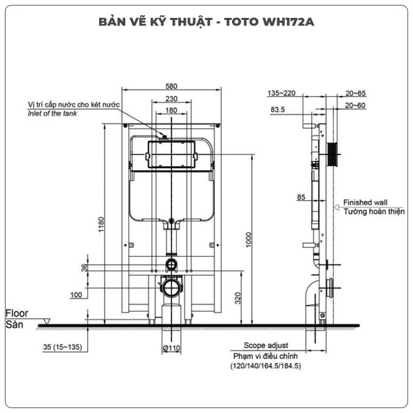 Thông số kỹ thuật két nước âm tường TOTO WH172A