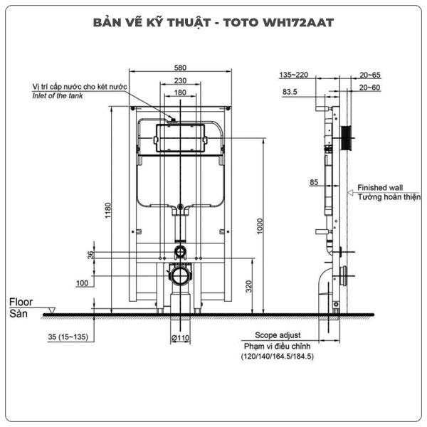 Thông số kỹ thuật két nước âm tường TOTO WH172AAT tự xả nước