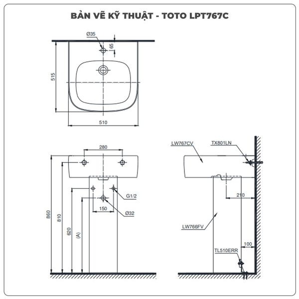 Thông số kỹ thuật lavabo treo tường TOTO LPT767C