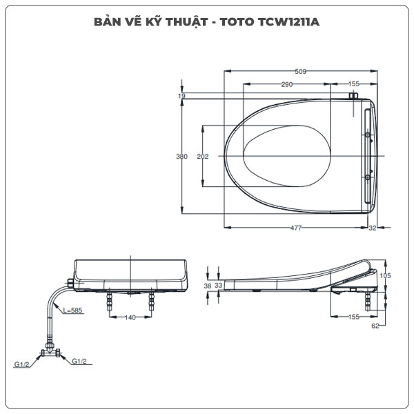 Thông số kỹ thuật nắp bồn cầu rửa cơ TOTO Ecowasher TCW1211A (E4)