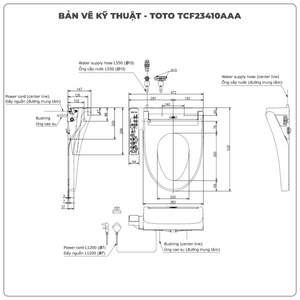 Thông số kỹ thuật nắp bồn cầu thông minh TOTO WASHLET TCF23410AAA