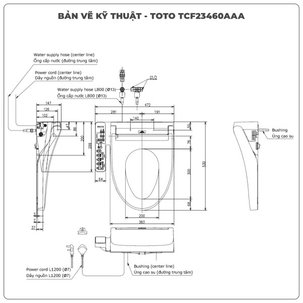 Thông số kỹ thuật nắp bồn cầu thông minh TOTO WASHLET TCF23460AAA