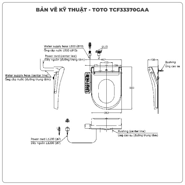 Thông số kỹ thuật nắp bồn cầu thông minh TOTO WASHLET TCF33370GAA