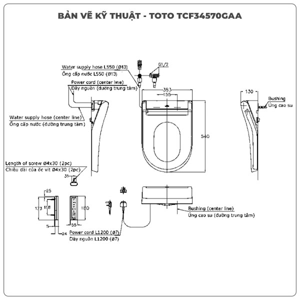 Thông số kỹ thuật nắp bồn cầu thông minh TOTO WASHLET TCF34570GAA