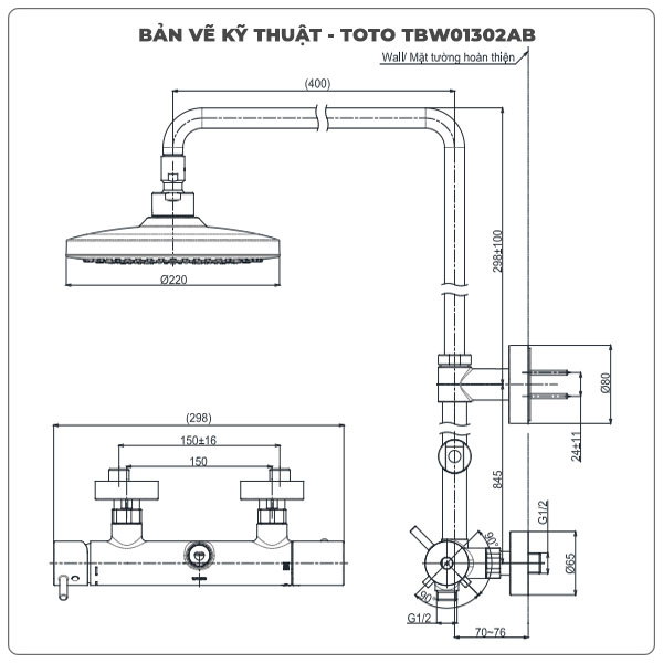 Thông số kỹ thuật sen cây TOTO TBW01302AB
