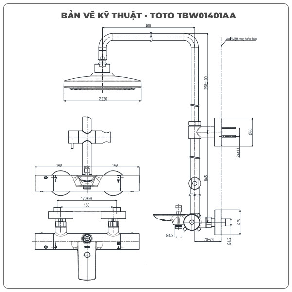 Thông số kỹ thuật sen cây TOTO TBW01401AA