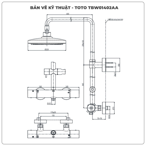 Thông số kỹ thuật sen cây TOTO TBW01402AA