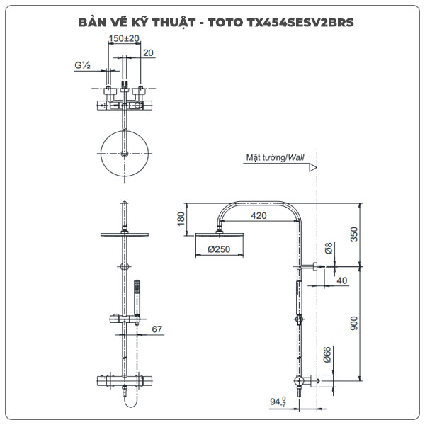 Thông số kỹ thuật sen cây TOTO TX454SESV2BRS