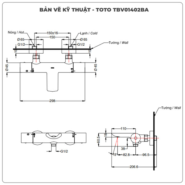 Thông số kỹ thuật van điều chỉnh nhiệt độ TOTO TBV01402BA