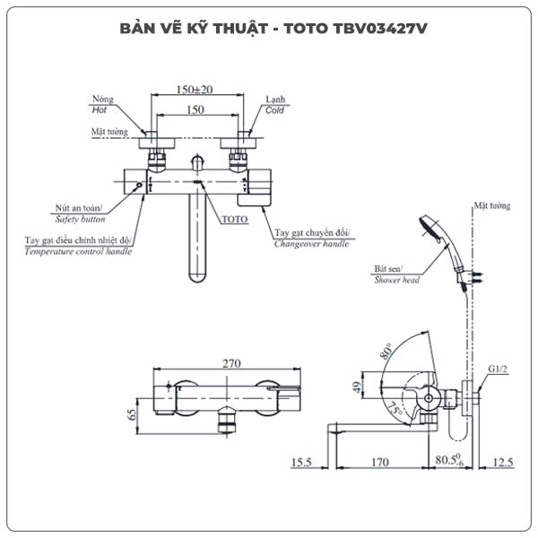 Thông số kỹ thuật sen tắm nhiệt độ TOTO TBV03427V/TBW02005A