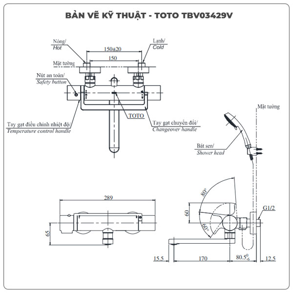 Thông số kỹ thuật sen tắm nhiệt độ TOTO TBV03429V/TBW02006A