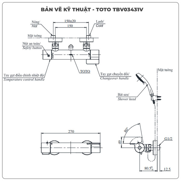 Thông số kỹ thuật sen tắm nhiệt độ TOTO TBV03431V/TBW02005A