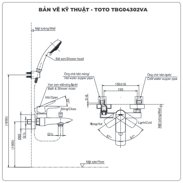 Thông số kỹ thuật sen tắm nóng lạnh TOTO TBG04302VA/TBW02005A