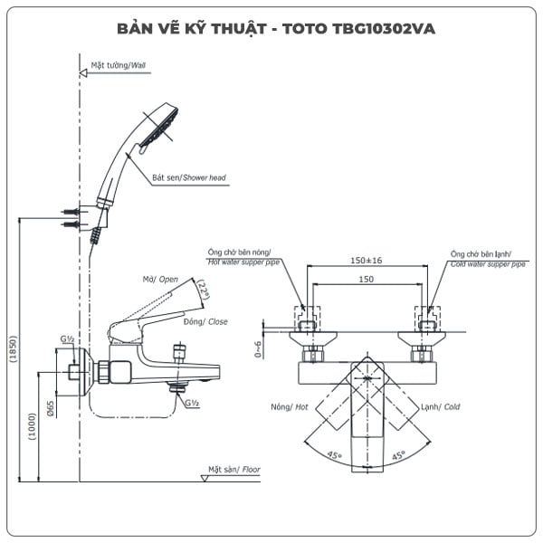 Thông số kỹ thuật sen tắm nóng lạnh TOTO TBG10302VA/TBW02006A