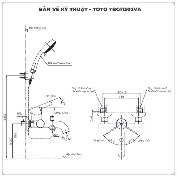 Thông số kỹ thuật sen tắm nóng lạnh TOTO TBG11302VA/TBW02017A
