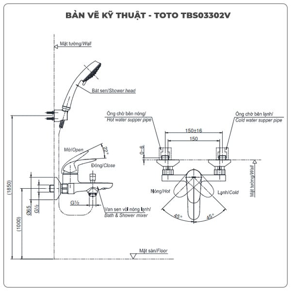 Thông số kỹ thuật sen tắm nóng lạnh TOTO TBS03302V/TBW01010A