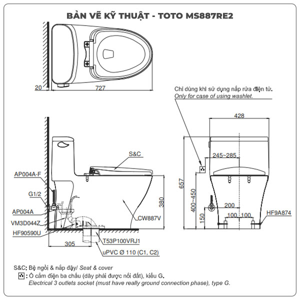 Thông số kỹ thuật bồn cầu nắp rửa cơ TOTO MS887RE2